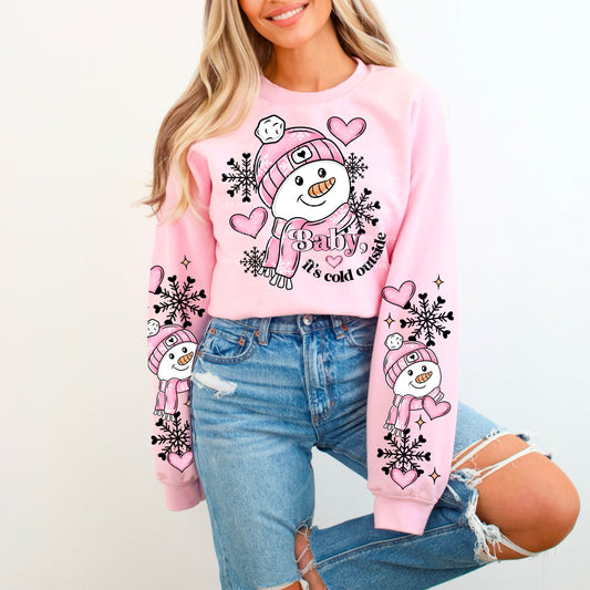 Baby Its Cold Outside Pink Snowman Front And Sleeve SET DTF Transfer