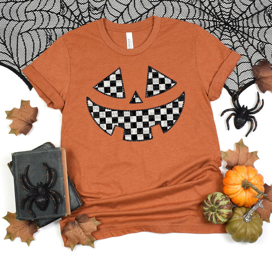 Black and White Checkered Pumpkin Face DTF Transfer