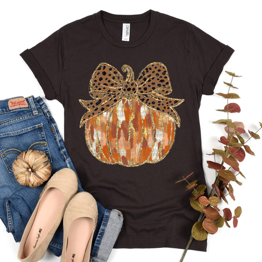 Girls Fall Pumpkin Brown Brushstrokes Coquette Bow - Design 1 DTF Transfer