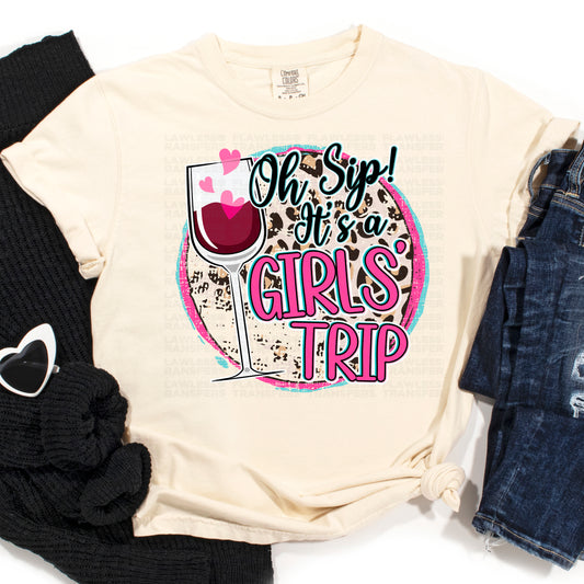 Oh Sip Its A Girls Trip - Round Leopard Print Wine Glass DTF Transfer