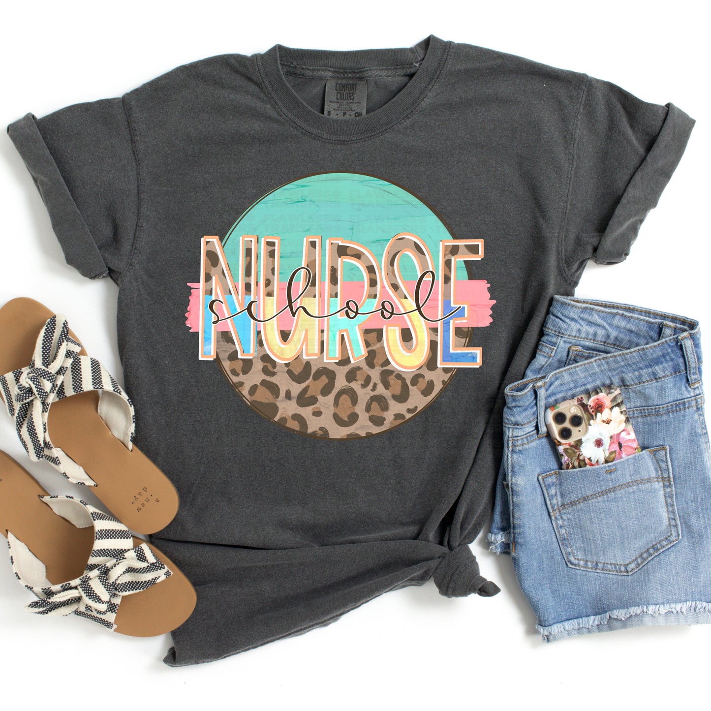 School Nurse Round Leopard Print And Mint - Design 1 DTF Transfer