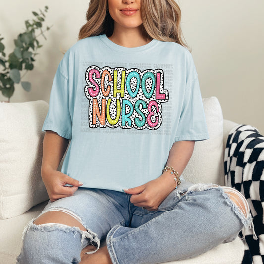 School Nurse Bright Color Doodle Dalmatian Dots DTF Transfer