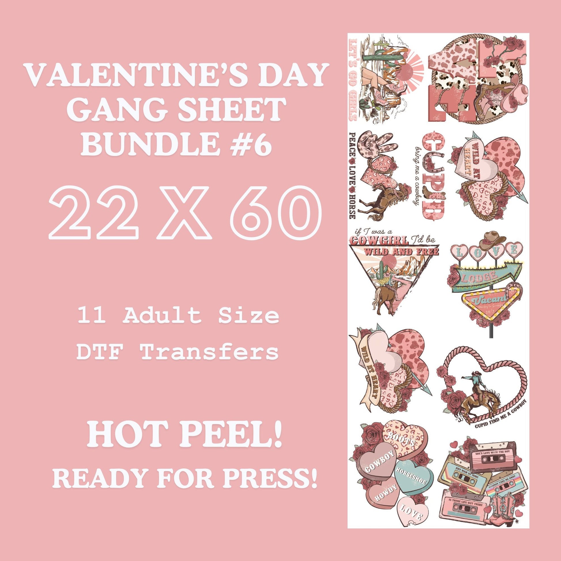 Valentines Day Gang Sheet Bundle 6 Ready For Press, Direct To Film, Transfer For Shirts, Tshirt Transfers