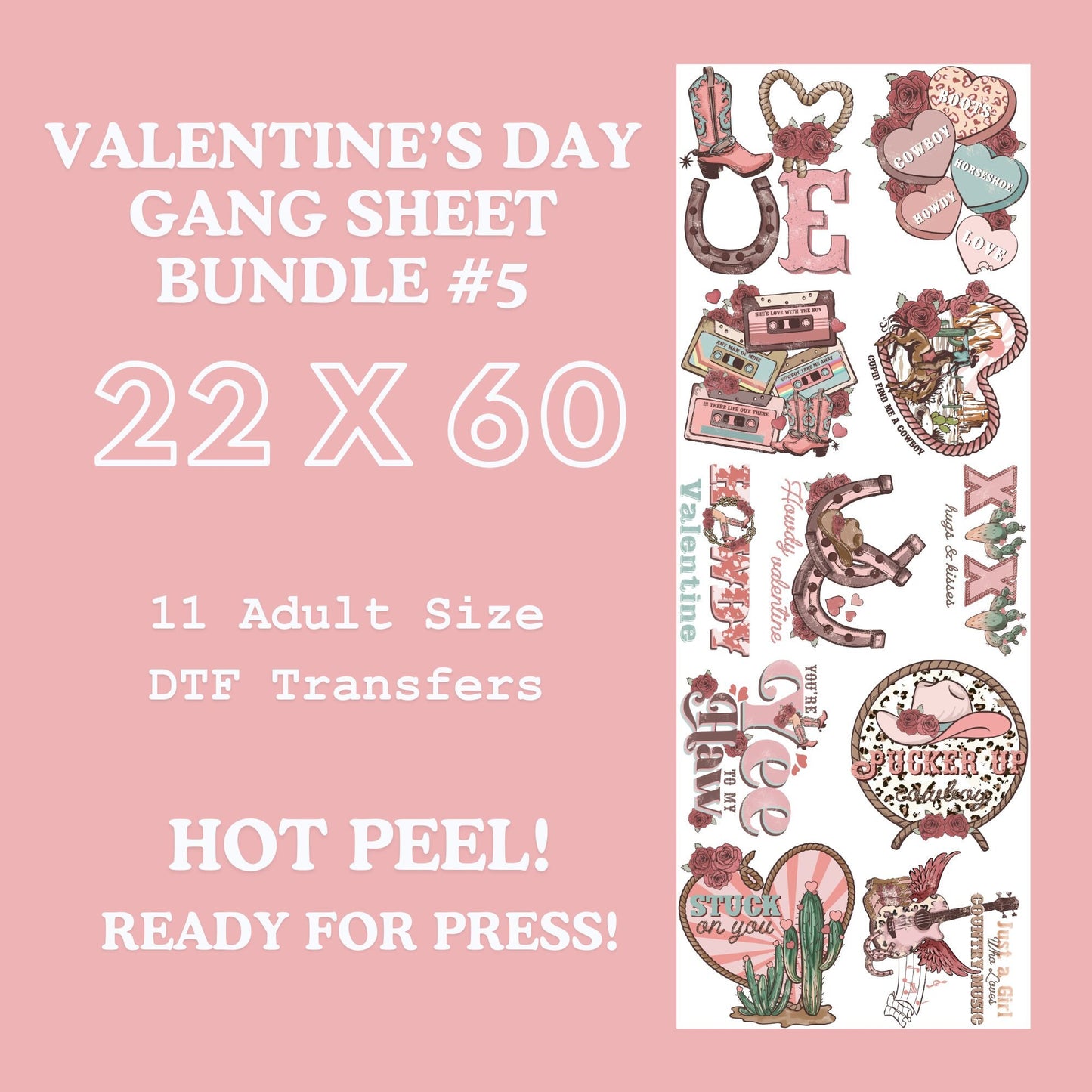 Valentines Day Gang Sheet Bundle 5 Ready For Press, Direct To Film, Transfer For Shirts, Tshirt Transfers