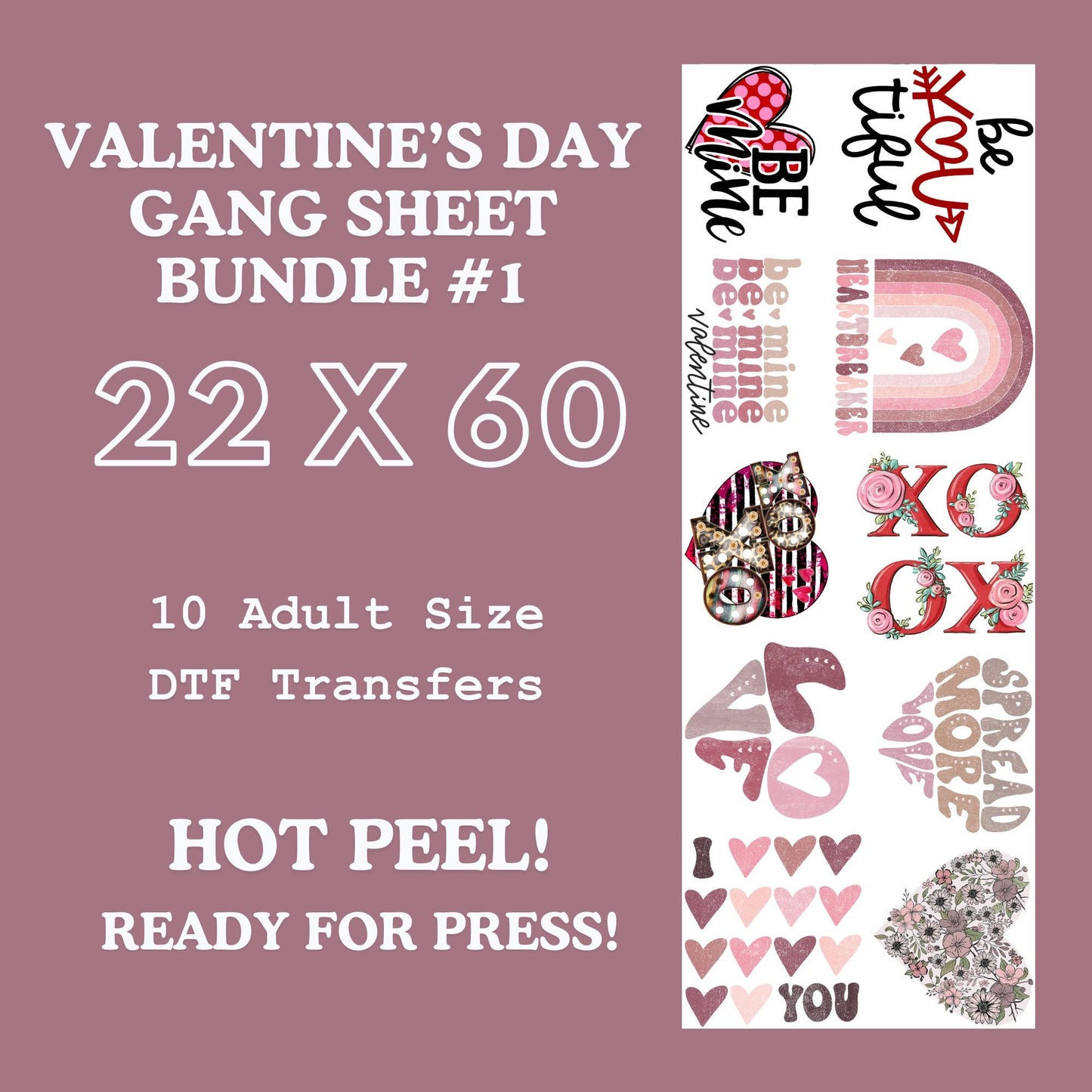 Valentines Day Gang Sheet Bundle 1 Ready For Press, Direct To Film, Transfer For Shirts, Tshirt Transfers